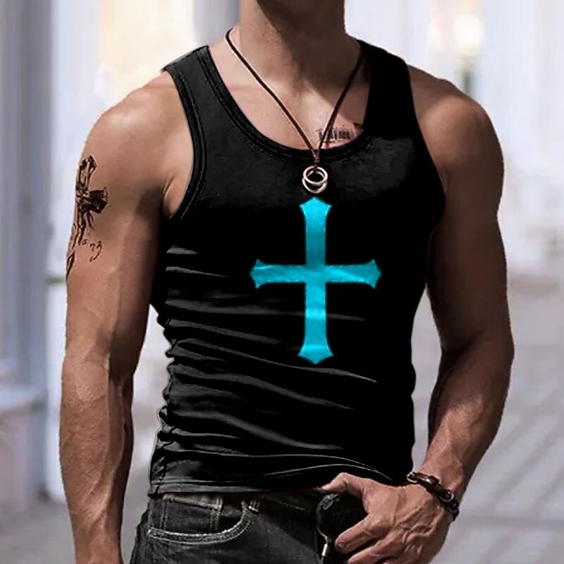 Men's Graphic Gothic Horror Cross Tank Top Vest Top Sleeveless T Shirt for Men Sleeveless T shirt 3D Print Crew Neck Shirt Sports Fashion Subculture Sports Outdoor Casual Gym Blue Red Purple Summer2