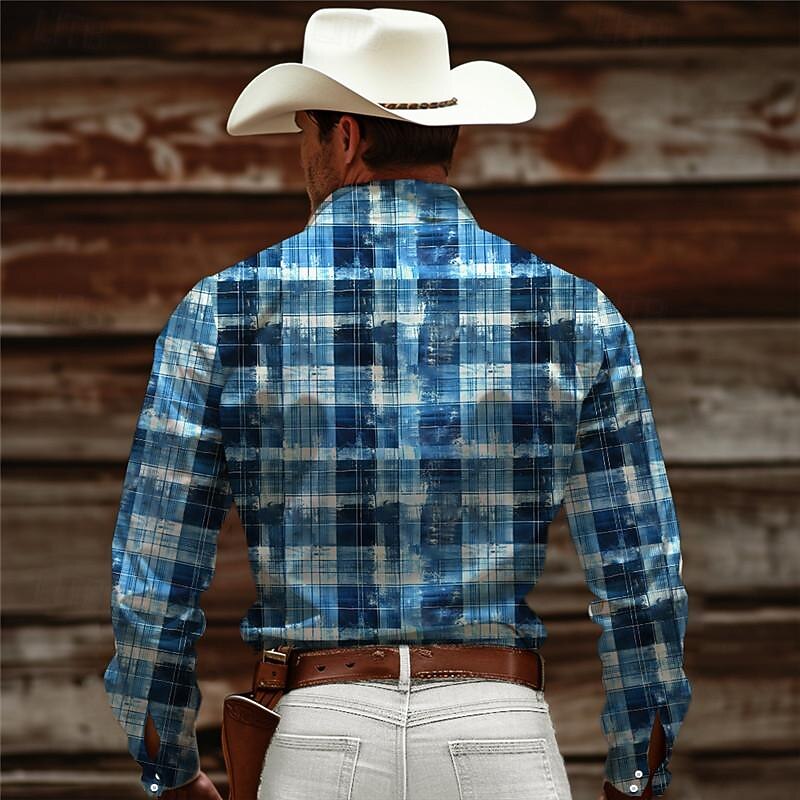 Men's Plaid / Check Western Shirt Cowboy Shirt Long Sleeve Vintage Western Style Daily Wear Going out Weekend Spring & Summer Turndown Pocket Print Button-Down Pink Blue Brown Gray2