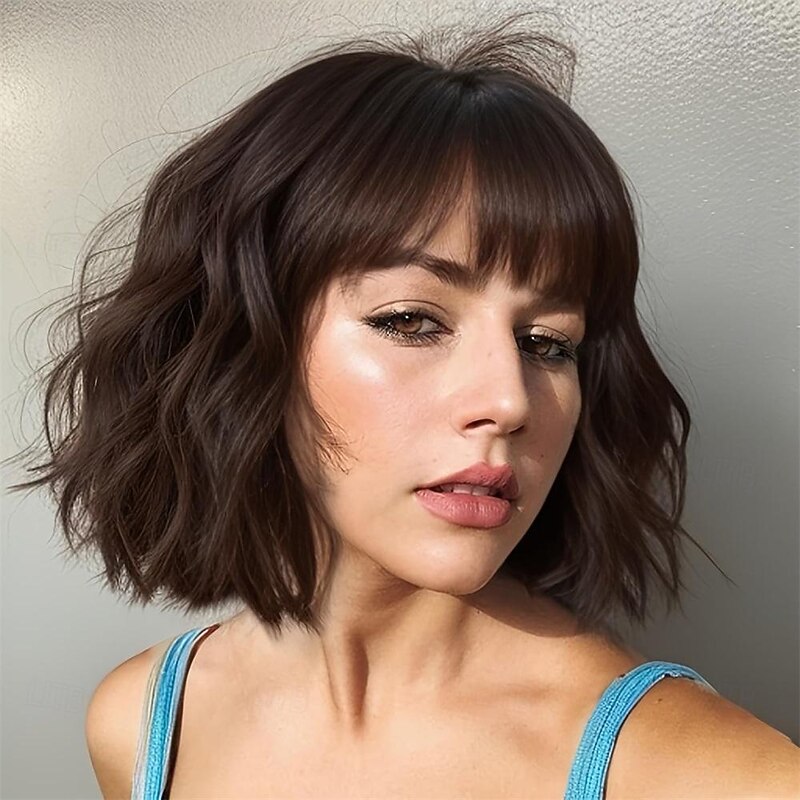 Dark Brown Wigs for Women Short Wavy Bob Wig with Bangs for Women Synthetic Short Curly Wave Wigs Heat Resistant Fiber Hair Wigs for Daily