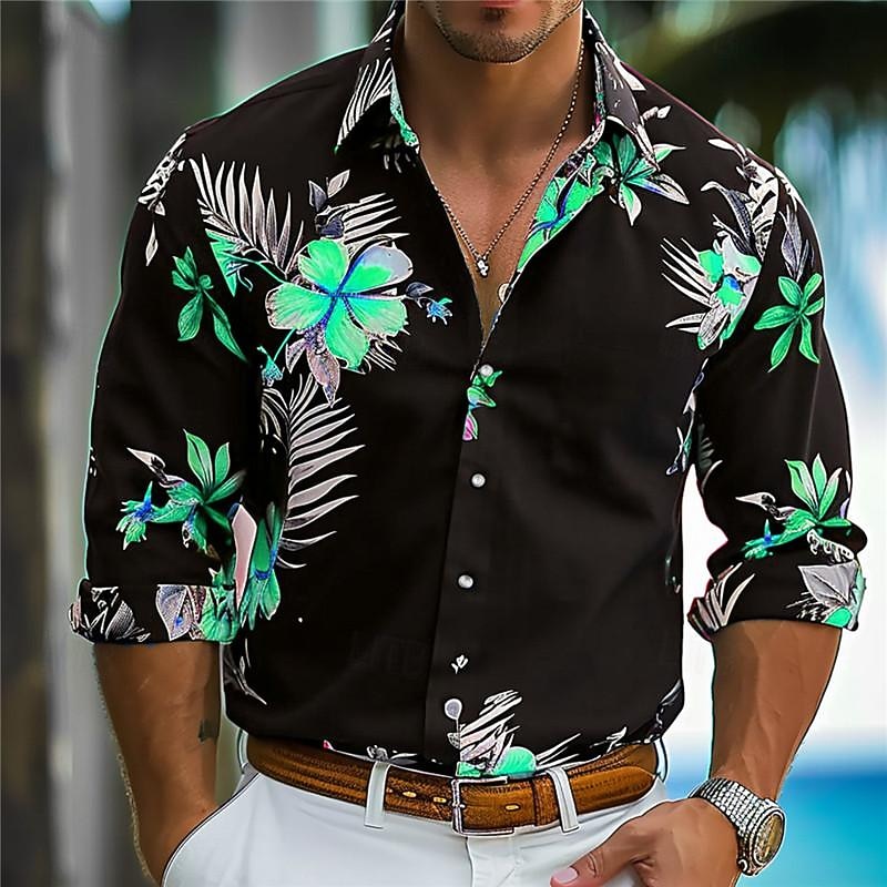 Men's Floral Tropical Flowers Summer Hawaiian Shirt Aloha Shirt Printed Shirts Long Sleeve Shirt Turndown Hawaiian Resort Vacation Street Holiday Pink Orange Green S M L2