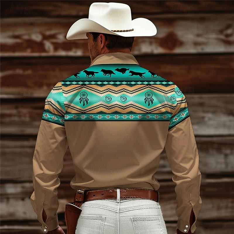 Men's Cowboy Western Shirt Button Up Shirt Cowboy Shirt Long Sleeve Vintage Western Daily Wear Going out Weekend Spring Fall Winter Turndown Collared Shirts 3D Print Front Pocket Pink Green Khaki2