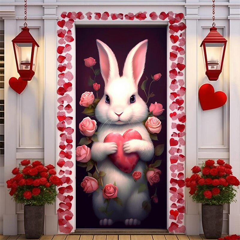 Wedding Outdoor Decorations Door Covers Door Tapestry Door Curtain Decoration Backdrop Indoor/Outdoor Door Banner for Front Door Farmhouse Heart Bunny