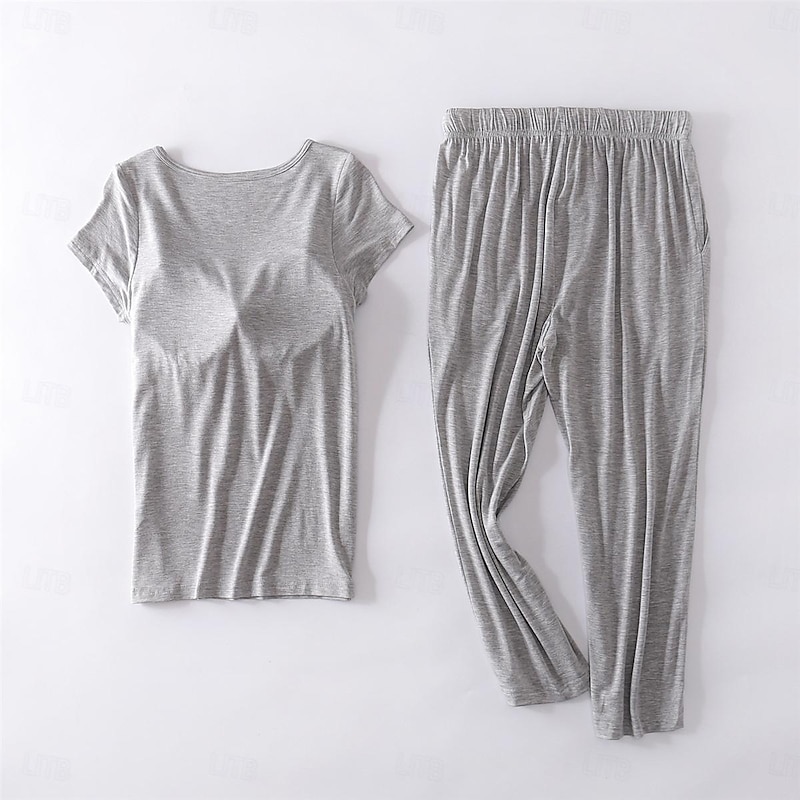 Women's Pajamas Sets Pure Color Simple Comfort Home Daily Bed Modal Breathable Crew Neck Short Sleeve T shirt Tee Pant Chest pads Summer Home Outfits3