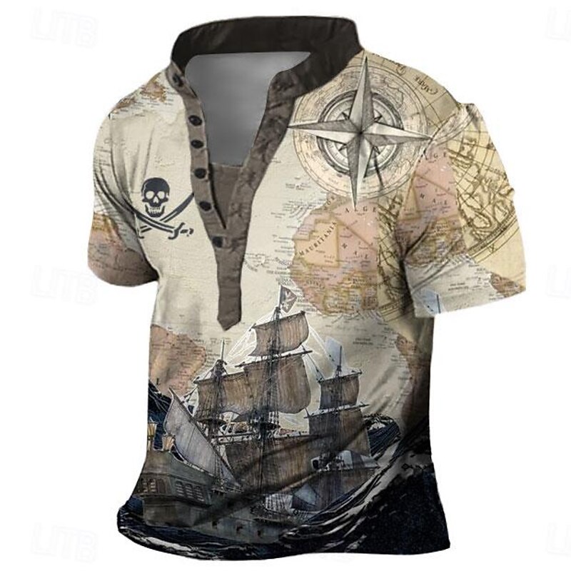 Ship Pirate Skulls Men's Vintage Retro 3D Print Henley T Shirt Tee Daily Vacation Going out T shirt Blue Purple Khaki Henley Shirt Summer Clothing Apparel S M L XL XXL XXXL