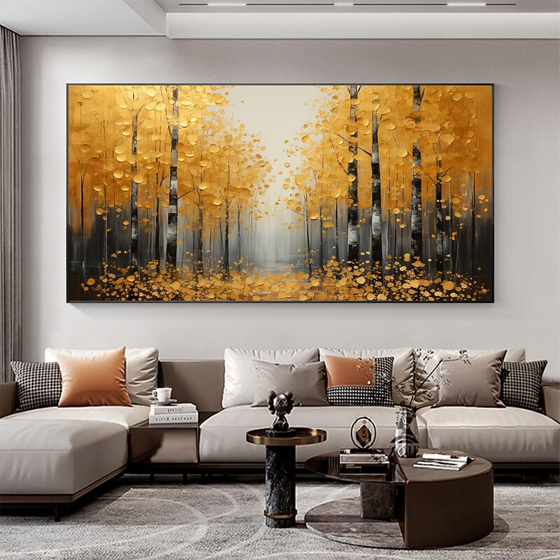 Handmade Original Forest Oil Painting On Canvas Wall Art Decor Abstract Yellow Tree Landscape Painting for Home Decor With Stretched Frame/Without Inner Frame Painting4