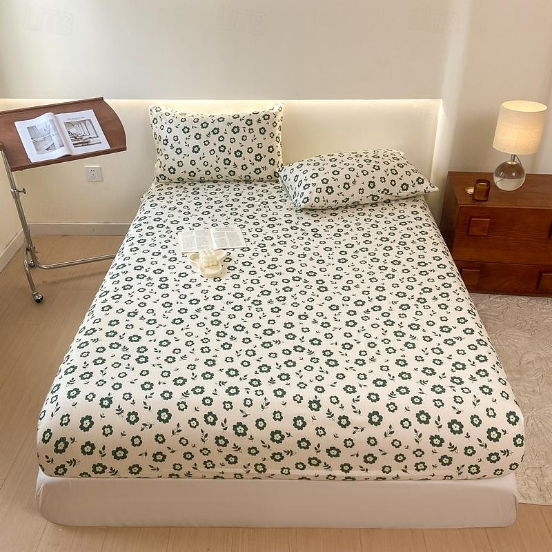 1Pc 100% Cotton Bed Fitted Sheet With Small Fragmented Flower Bed Cover Elastic Mattress Cover For Single Or Double Deluxe Double Bed Cover Available In Multiple Sizes2