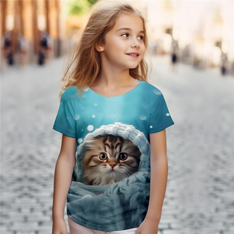 Girls' 3D Cat Tee Shirts Pink Short Sleeve 3D Print Summer Active Fashion Cute Polyester Kids 3-12 Years Crew Neck Outdoor Casual Daily Regular Fit3