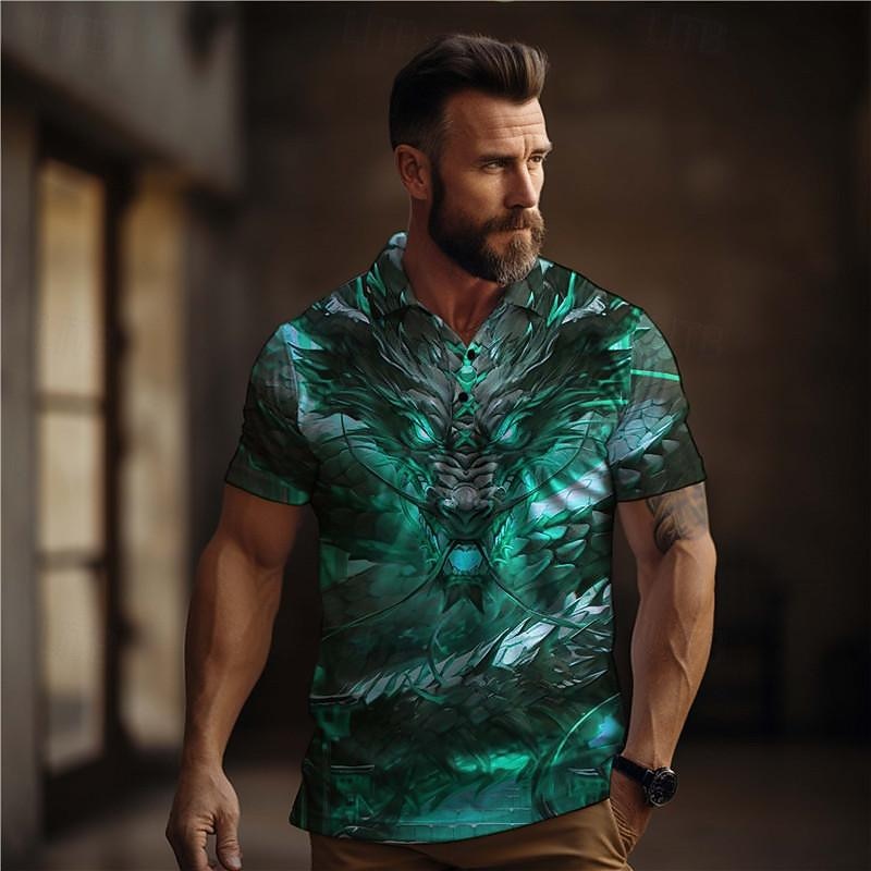 Men's Dragon Golf Shirt Short Sleeve Polo Shirts Collared Shirts Casual Funny Vacation Wear Party Outfits Buttons 3D Print Summer Yellow Wine Red4