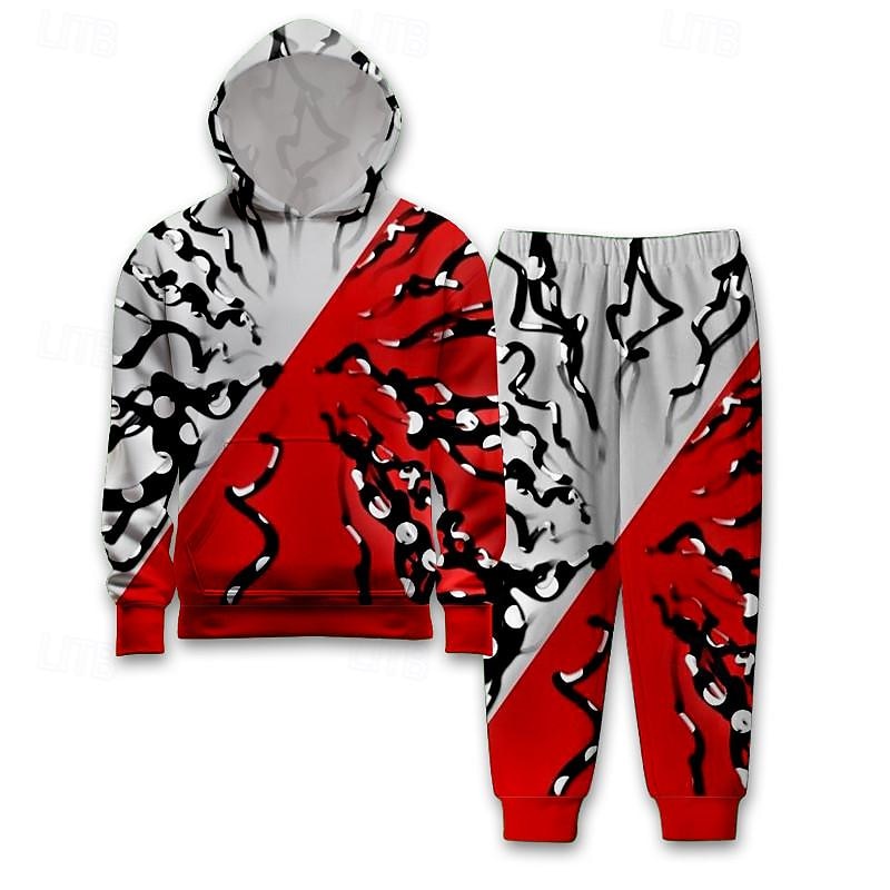 Boys 3D Geometric Hoodie & Sweatpants Set Long Sleeve 3D Printing Spring Fall Active Fashion Cool Kids 3-12 Years Hooded Outdoor Vacation Street Regular Fit2