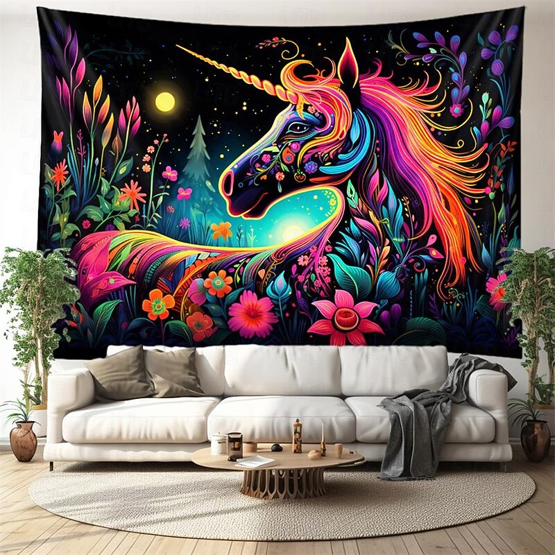 Blacklight Tapestry UV Reactive Glow in the Dark Glow Party Neon Unicorn Animal Psychedelic Trippy Misty Hanging Tapestry Wall Art Mural for Living Room Bedroom3