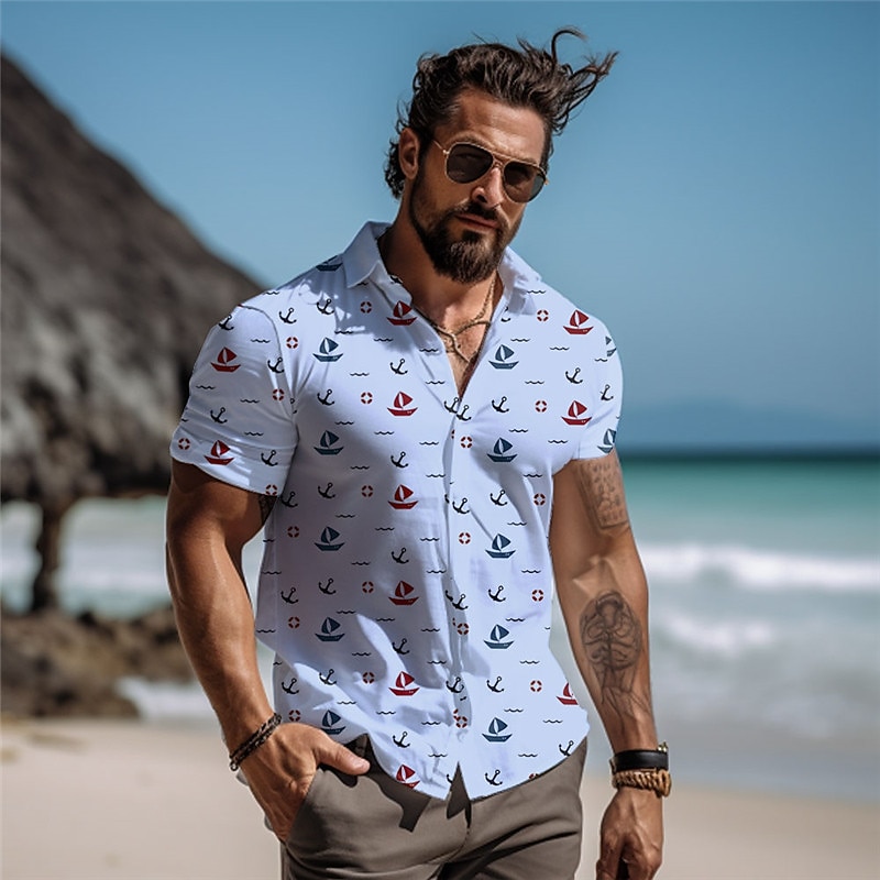 Men's Sailboat Shirt Summer Hawaiian Shirt Aloha Shirt Short Sleeve Shirt Vacation Fashion Hawaiian Outdoor Vacation Hawaiian White Blue Green S M L4