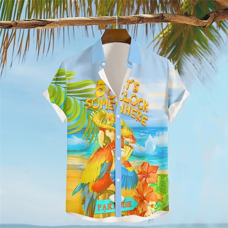 Men's Leaf Parrot Shirt Summer Hawaiian Shirt Aloha Shirt Short Sleeve Shirt Turndown Vacation Hawaiian Outdoor Vacation Hawaiian Blue Sky Blue Orange S M L4
