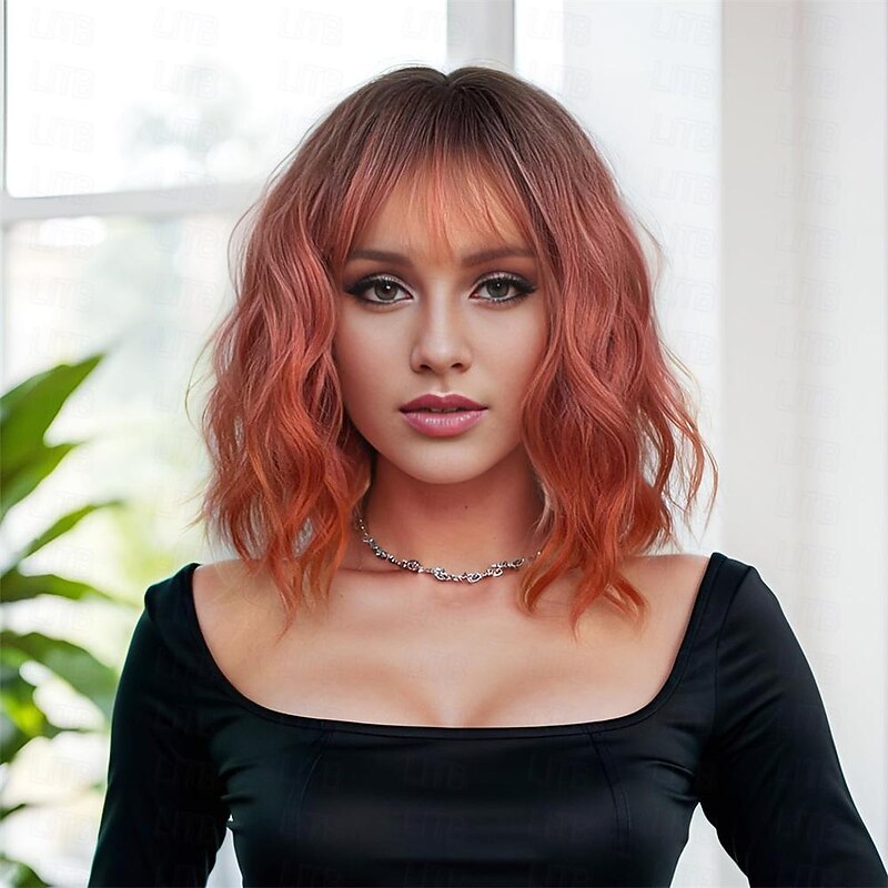 Ombre Pink Wig Short Body Wavy Bob Wigs for Women With Bangs Shoulder Length Synthetic Cosplay Party Wig for Girls Daily Use Colorful Wigs Halloween Wigs2