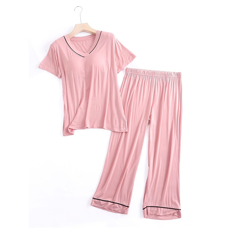 Women's Pajamas Sets Pure Color Fashion Simple Comfort Home Daily Bed Modal Breathable V Wire Short Sleeve T shirt Tee Pant Chest pads Summer Home Outfits4