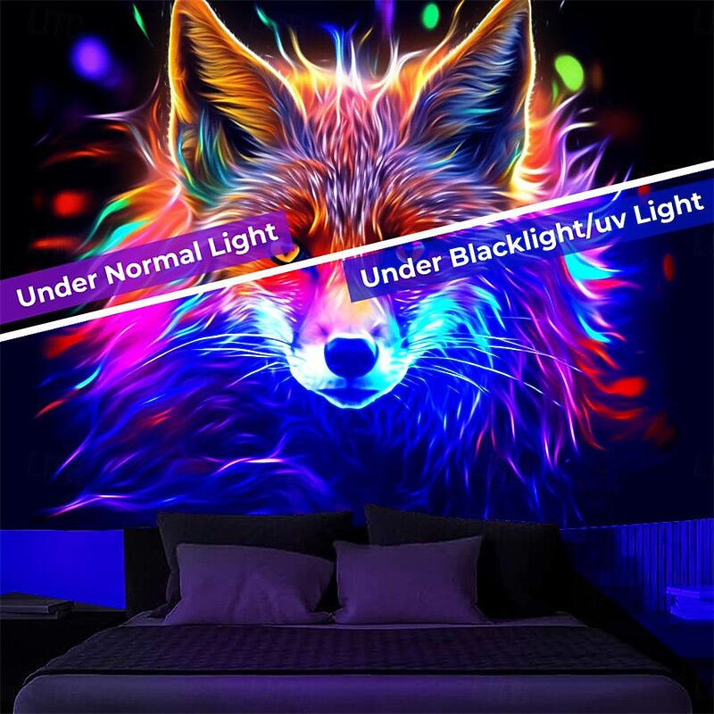 Blacklight Tapestry UV Reactive Glow in the Dark Glow Party Neon Animal Fox Psychedelic Trippy Misty Hanging Tapestry Wall Art Mural for Living Room Bedroom2