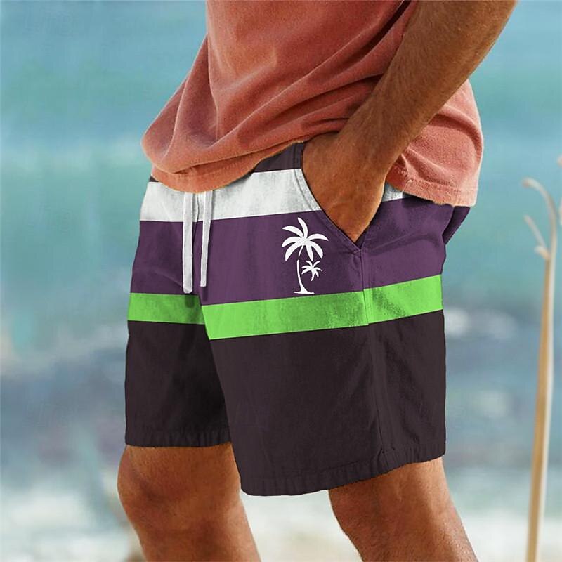 Men's Coconut Tree Stripe Swim Shorts Board Shorts Swimming Trunks Mid Waist Hawaiian Casual Holiday Beach Drawstring with Mesh lining Elastic Waist Designer Clothing Apparel4