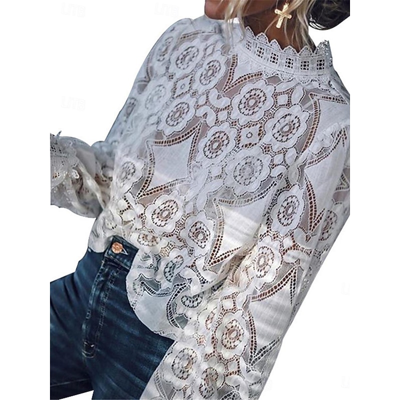 Women's White Elegant Lace Tops Eyelet Blouse Fashion Modern Lace Patchwork Long Sleeve Regular Tops Casual Romantic Petite Tops Summer Holiday Wear Black White3