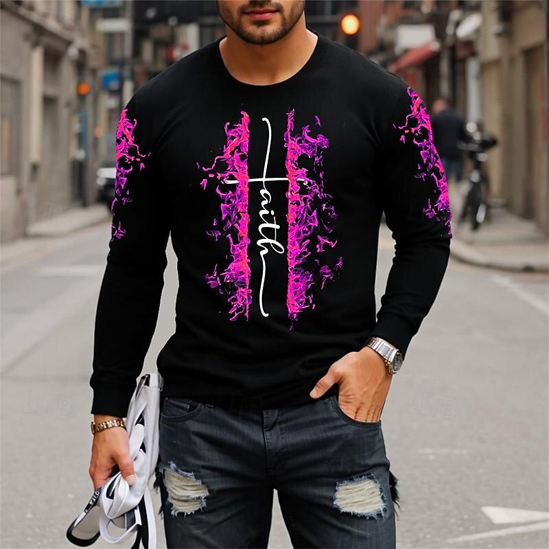 Men's Graphic Hellfire Flames Flame Faith T Shirt Long Sleeve T shirt 3D Print Crew Neck Shirt Fashion Designer Casual Sports Outdoor Holiday Going out Blue Purple Orange Spring &  Fall Clothing2