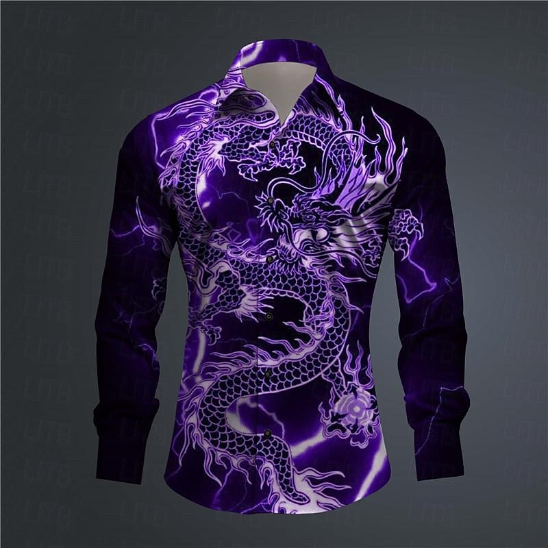 Men's Dragon Shirt Button Up Shirt Long Sleeve Abstract Daily Wear Going out Spring Turndown Print Button-Down Black Yellow Pink Red Royal Blue4
