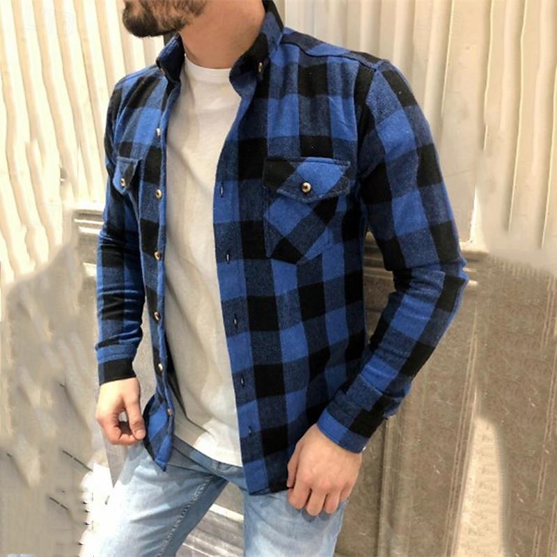 Men's Casual Shirt Button Up Shirt Overshirt Checked Shirts Red Dark Blue Beige Long Sleeve Plaid Lapel Vacation Hawaiian Pocket Clothing Apparel Polyester Fashion Casual Comfortable3