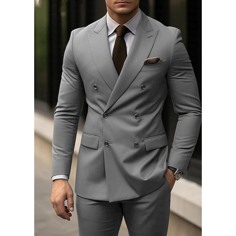 Men's Wedding Suits Peak Light Grey Dark Blue Business Formal Solid Colored Tailored Fit 2 Piece Double Breasted Six-buttons