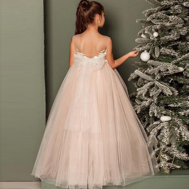 Kids Girls' Party Dress Solid Color Sleeveless Performance Wedding Party Mesh Princess Sweet Mesh Mid-Calf Sheath Dress Tulle Dress Summer Spring Fall kids Pink2