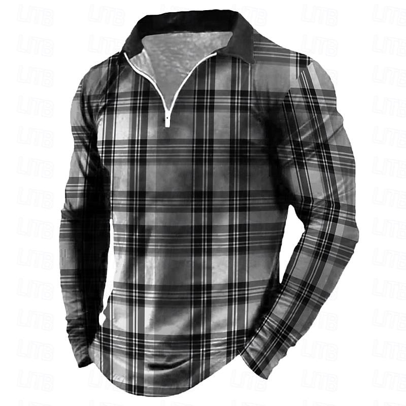 Men's Plaid Zip Polo Shirts Golf Shirt Long Sleeve Polo Shirts Collared Shirts Vintage Casual Vacation Wear Formal Wear Festival Wear 3D Print Quarter Zip Polo Spring Pink Purple Khaki4