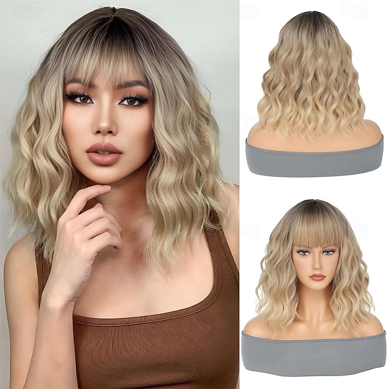 Ombre Blonde Wig with Bangs Short Bob Wavy Wig with Bangs for Women Loose Curly Shoulder Length Wig Synthetic Wig Cosplay Wig for Girl Daily Use Colorful Wig Cosplay Wigs 14 Inch