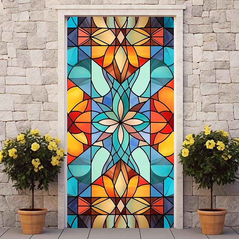 Stained Glass Stars Door Covers Mural Decor Door Tapestry Door Curtain Decoration Backdrop Door Banner Removable for Front Door Indoor Outdoor Home Room Decoration Farmhouse Decor Supplies3