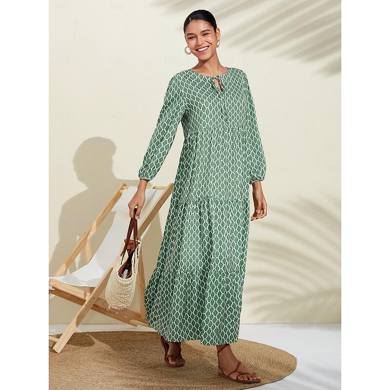 Women's A Line Dress Hem Maxi Maxi Dress Green Long Sleeve Geometic Geometrical Geometrical Spring V Neck Pattern Dress Simple fashion style Vacation S M L2