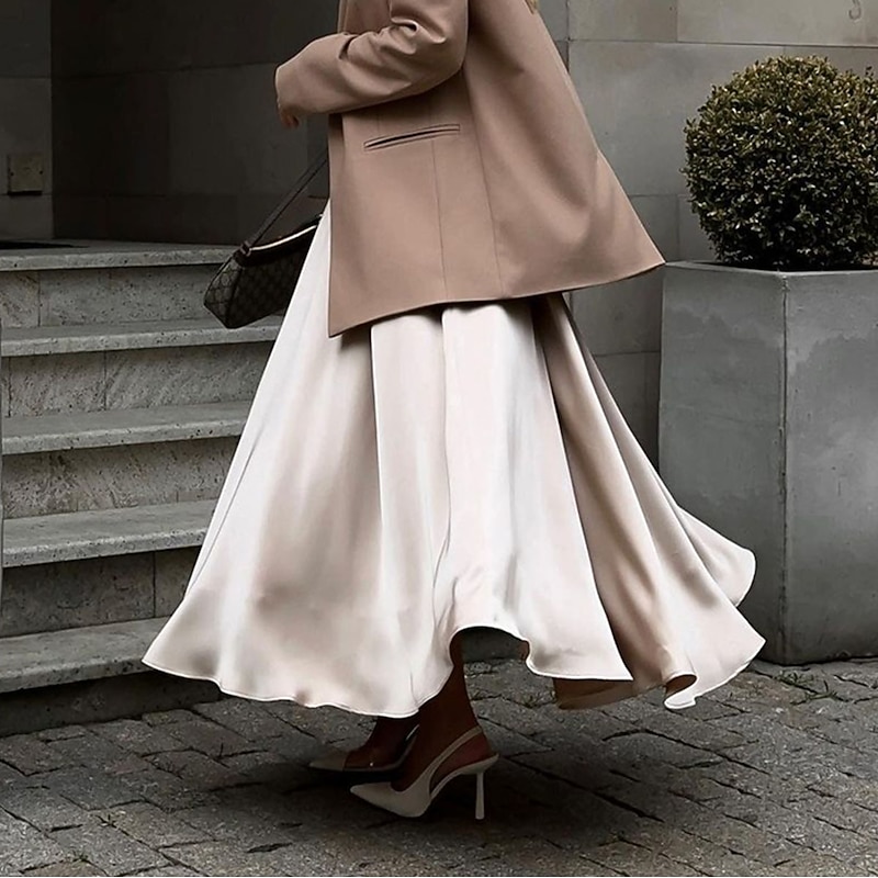 Women's Skirt Swing Long Skirt Elegant Fashion Maxi High Waist Skirts Solid Colored Street Daily Black White Khaki Summer Satin2
