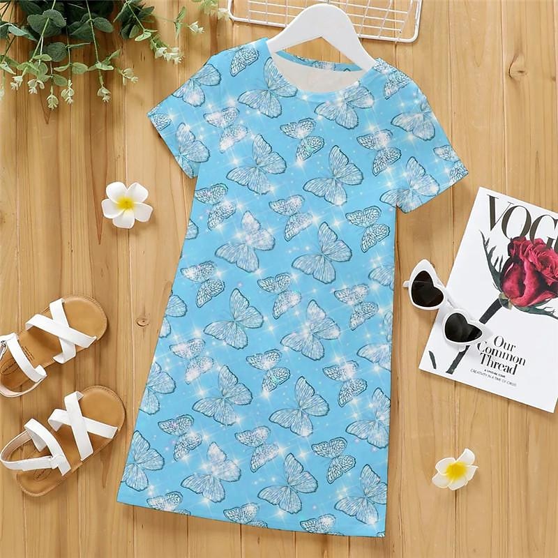 Girls' 3D Butterfly Pajamas Nightdress Pink Short Sleeve 3D Print Summer Active Fashion Cute Polyester Kids 3-12 Years Crew Neck Home Causal Indoor Regular Fit3