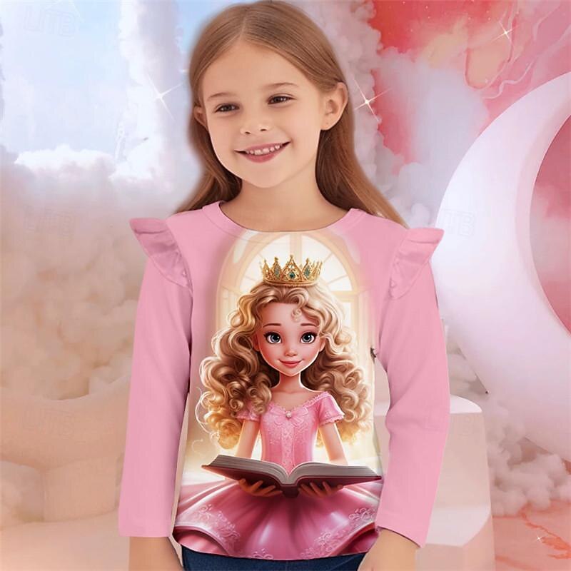 Girls' 3D Princess Ruffle Tee Pink Long Sleeve 3D Print Spring Fall Active Fashion Cute Kids 3-12 Years Crew Neck Outdoor Casual Daily Regular Fit2