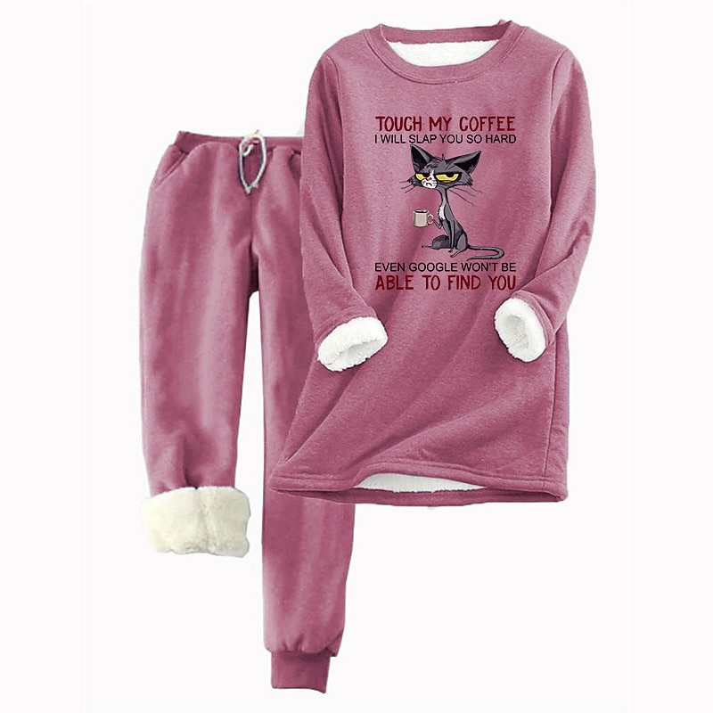 Women's 2 Pieces Sweatshirt Tracksuits Warm Daily Tracksuit Pants Sets Joggers Pants Trousers Long Sleeve Round Neck Cat Letter Drawstring Print Casual Daily Pink Light Grey Gray4