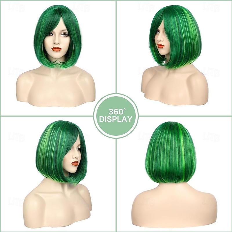 Green Bob Wigs for Women Short Bob Wig with Bangs 14 inch Straight Wigs Soft Synthetic Full Wigs for Daily Party St.Patrick's Day Wigs Halloween Wigs2