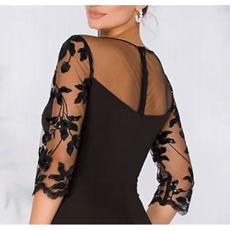 A-Line Mother of the Bride Evening Gown Elegant Dress Wedding Guest Floor Length 3/4 Length Sleeve Jewel Neck Satin with Beading Appliques2