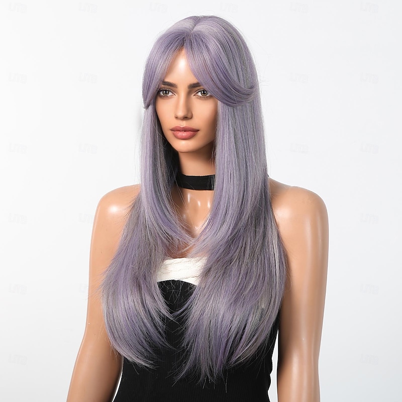 Synthetic Wig Uniforms Career Costumes Princess Straight kinky Straight Middle Part Layered Haircut Machine Made Wig 22 inch Purple / Blue Synthetic Hair Women's Cosplay Party Fashion Purple3