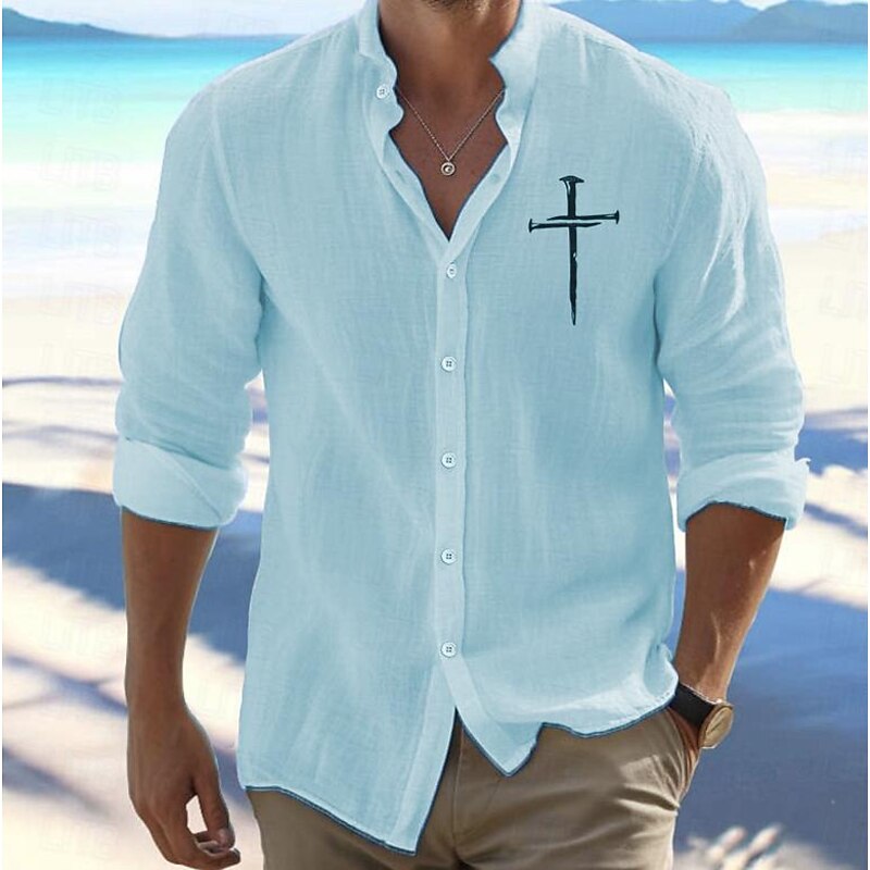 Men's Shirt Beach Shirt Button Up Shirt Faith Outdoor Vacation Black White Orange Light Grey Long Sleeve Standing Collar Spring &  Fall Clothing Apparel Print