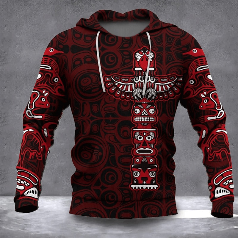 Men's Graphic Tribal Hoodie Hoodies Sweatshirt Daily Ethnic Long Sleeve Hooded Vacation Sports Outdoor Holiday Black Red Print Front Pocket Spring &  Fall Designer3