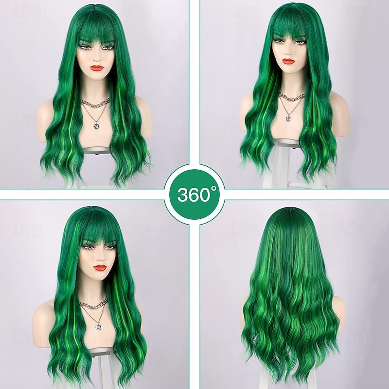 Green Wig with Bangs Long Wavy Green Wigs for Women Heat Resistant Wavy Wig for Daily Party Use St.Patrick's Day Wigs Halloween Wigs4
