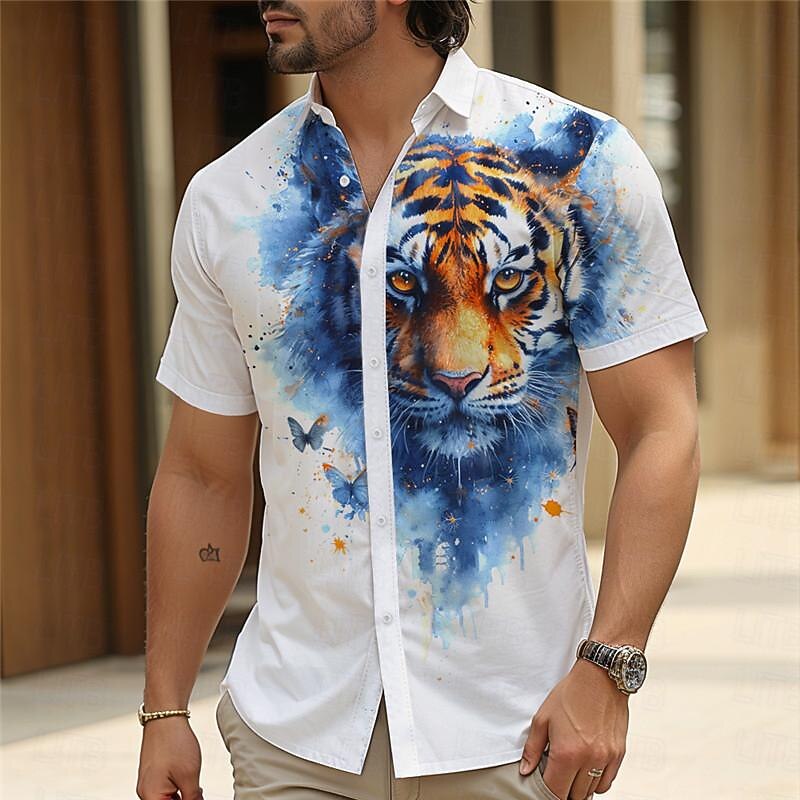 Men's Tiger Button Up Shirt Short Sleeve Vacation Hawaiian Resort Style Outdoor Casual Daily Summer All Seasons Button Up 3D Print Yellow Blue Green