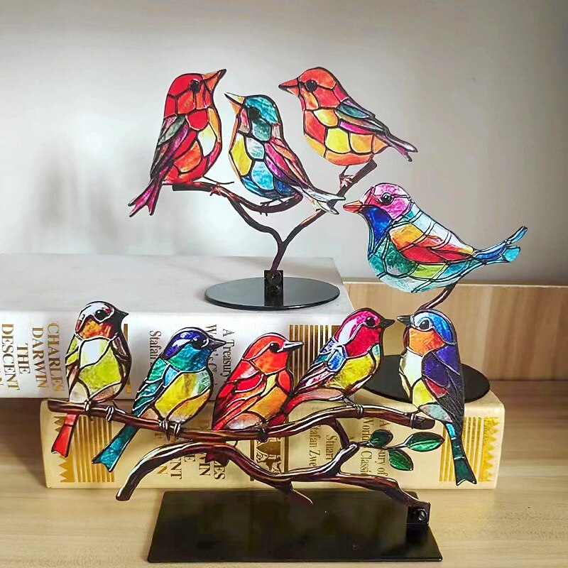 Stained Birds On Branch Desktop Ornaments,Metal Flat Vivid Birds Decorations On Branch,Double Sided Multicolor Hummingbird Craft Statue Table Gift for Bird Lovers2