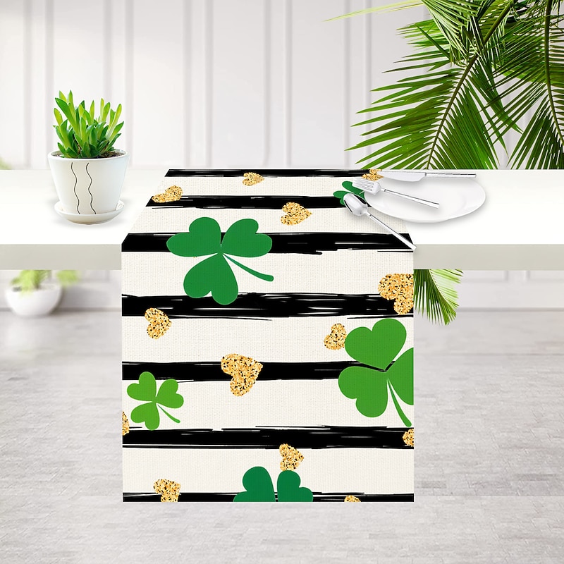Green Lucky Shamrock St. Patrick's Day Table Runner, Seasonal Spring Holiday Kitchen Dining Table Decoration For Indoor Outdoor Home Party Decor4