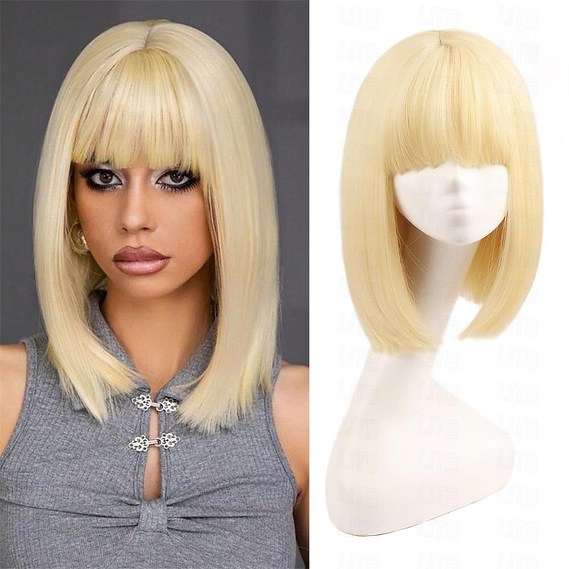 Blonde Bob Wig with Bangs Short Blonde Bob Wig Straight Bob Wigs Synthetic Cosplay Daily Party Wig for Women