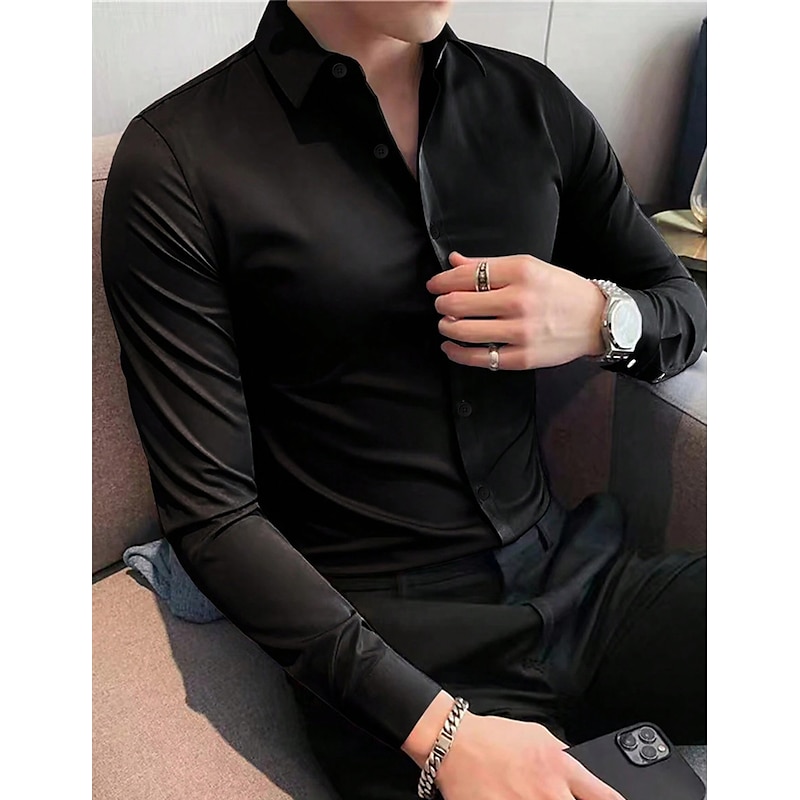 Men's Shirt Satin Shirt Casual Shirt Button Up Shirt Plain Wedding Vacation Black White Wine Navy Blue Long Sleeve Lapel Spring &  Fall Clothing Apparel2