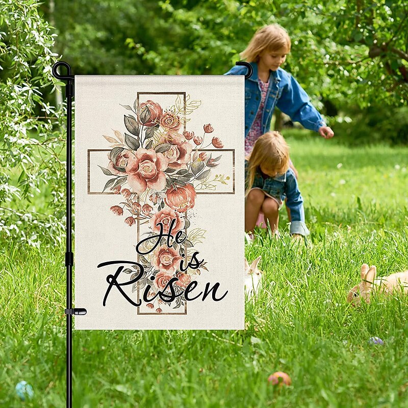 Jesus Garden Flag 12x18Inch Outdoor Decorations He is Risen Welcome Garden Patio Flag Flower Yard Flag Double Sided Holiday Outdoor Flags 1pc