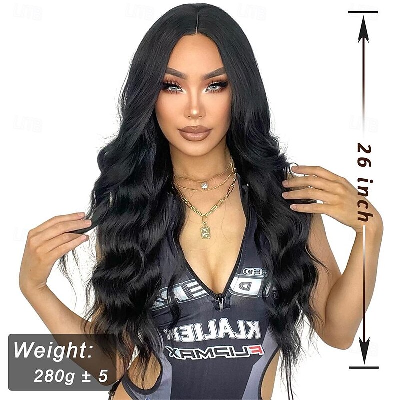 Long Black Wigs for Women 26 Inch Long Curly Wig Natural Looking Synthetic Heat Resistant Fiber Black Wavy Wig for Daily Party Use2
