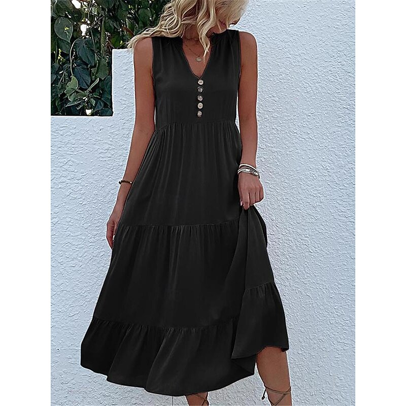 Women's Casual Dress Midi Dress Cotton Ruffle Button Basic V Neck Sleeveless Black Pink Green Color3