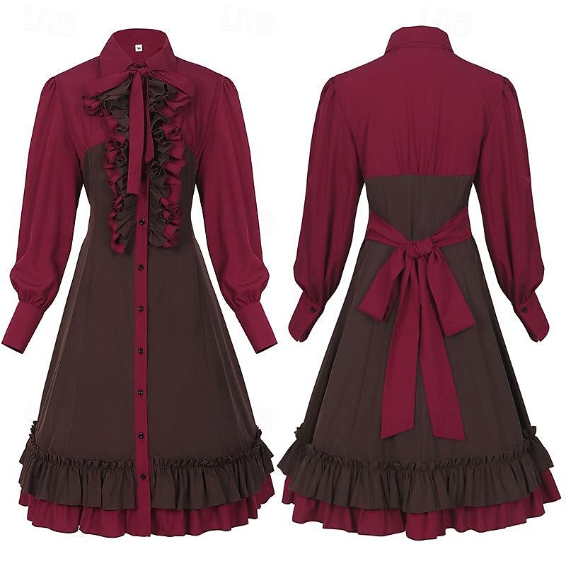 Gothic Lolita Punk & Gothic Steampunk Dress Bishop Sleeve Flounced Color Block Turndown Fancy Dress Women's Fantasy Steampunk Performance Masquerade Adults' Dress All Seasons2