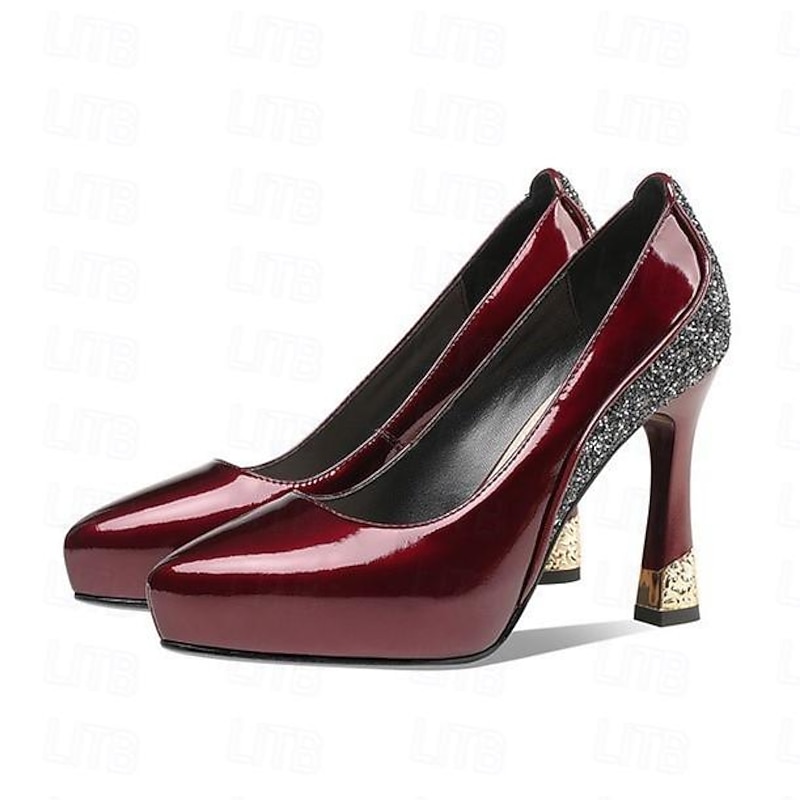 Women's Burgundy Patent Leather Platform Heels with Glitter Accent and Block Heel – Elegant Party or Wedding Shoes